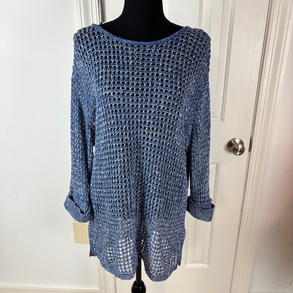 J. Jill Blue White Linen Cotton Open Knit Mesh Tunic Sweater 1X Plus Size